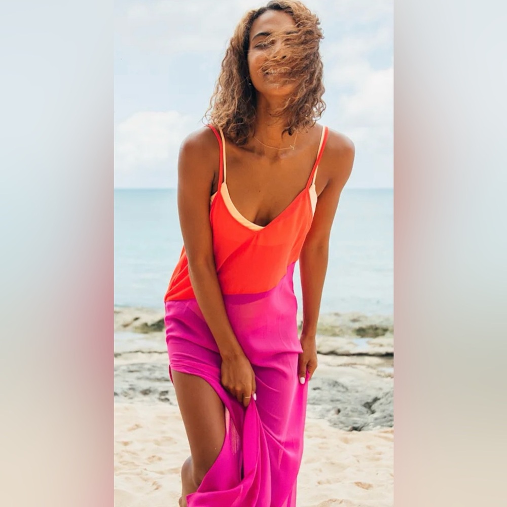Lulus Seaside Retreat Coral Red and Magenta Maxi Swim Cover-Up ZB4